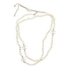 This is part of Chairish’s Costume Jewelry assortment.  Chanel 3 Gold CC Pearl Faux Fresh Water Pearl Long Necklace   * Marked 12 * Made in France * Comes with the original box   -It is approximately 46". -The cc pendant is approximately 0.55″ x 0.9″. -Wear it as a long necklace or double it as a short necklace -Some of the pearls have blemishes.  -In a good condition Elegant White Jewelry With Logo Charm, Elegant Silver Necklace With Logo Charm, White Formal Jewelry With Logo Charm, Formal White Jewelry With Logo Charm, Elegant White Necklace With Logo Charm, Luxury Pearl Necklace With Adjustable Chain, Luxury Long Pearl Necklace, Elegant Formal Necklace With Logo Charm, Pearl Long Necklace