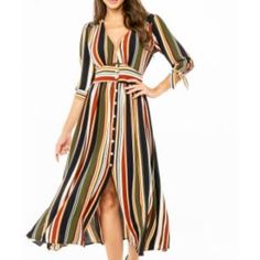 Paolino Striped V-Neck Front Button Dress - V-Neck - 3/4 Length Sleeves With Tie Details - Front Button Closure - Allover Stripe Print - Approx. 52" Length (Size S) - 100% Polyester -Hand Wash Cold Front Button Dress, Desert Dress, Bodycon Pencil Skirt, Handkerchief Dress, Mumu Dress, Midi Pencil Dress, Collared Shirt Dress, Ruched Midi Dress, Button Front Dress