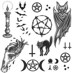 various tattoos and symbols are shown in black and white, as well as an image of a