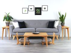 a living room filled with furniture and potted plants