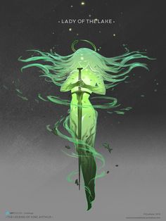 the lady of the lake poster is shown with green water and her hair blowing in the wind