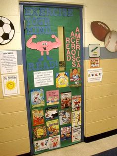 a door decorated with posters and pictures for children's sports activities in the hallway