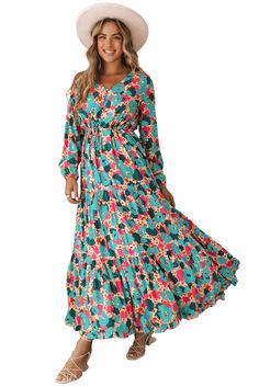 Multicolor Bohemia Print V Neck Ruffle Long Sleeve Maxi Dress Spring Multicolor Maxi Dress With Ruffle Hem, Multicolor Ruffle Hem Maxi Dress For Spring, Flowy Multicolor Ruffled Maxi Dress, Casual Multicolor Maxi Dress With Ruffles, Multicolor V-neck Maxi Dress With Ruffle Hem, Multicolor Long Sleeve Maxi Dress With Ruffles, Green Ruffle Hem Maxi Dress For Fall, Green Maxi Dress With Ruffle Hem For Fall, Fall Green Maxi Dress With Ruffle Hem