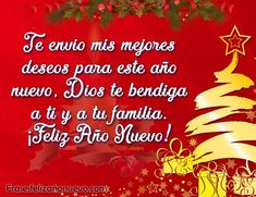 a merry christmas card with a tree and presents on it's red background, in spanish