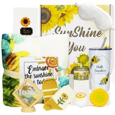 an assortment of sunflowers and other items are shown in this image with the words sunshine you on it