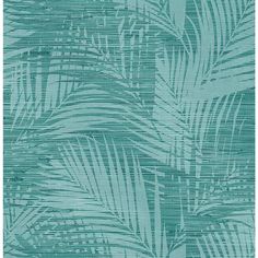 a blue and green wallpaper with palm leaves on the back ground, in shades of teal