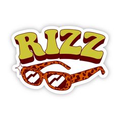 a sticker with the word rizz written in leopard print and reading glasses on it