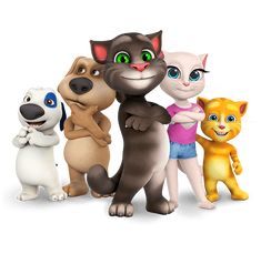 a group of cartoon cats and dogs standing next to each other on a white background