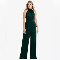 After Six Halter Neck Charmeuse & Crepe Jumpsuit In Evergreen, Size 2, New With Tags A Lustrous, Shirred Bodice Gives Way To Flowy Crepe Legs In This Retro-Elegant Jumpsuit Cut With A Showy Open Back, Accentuated With An Ebullient Tie Closure. 60" Length; 32 1/2" Inseam (Size 8) Hidden Back-Zip; Ties Behind Neck Halter Neck Sleeveless, With Cutaway Shoulders Lined 100% Polyester Imported Women's Clothing Luxury Halter Neck Jumpsuit For Formal Occasions, Luxury Green Jumpsuits And Rompers For Work, Luxury Green Evening Jumpsuits And Rompers, Green Jumpsuit Gold Accessories, Dark Green Jumpsuit Lulus, Emerald Green Jumpsuit Lulus, Green Jumpsuit Outfit, Prom Jumpsuit, Crepe Pants