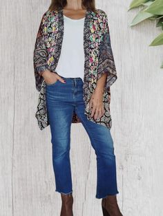 This is a beautiful versatile bohemian kimono jacket for women. You can wear it in any occasion with jeans, with a skirt, to be relaxed at home, as a beach cover up, as a  party jacket or just as a street-wear jacket. Make it part of your wardrobe ** PLEASE READ ** JACKET'S DETAILS: -Indian fabrics -material: silk and viscose blended MEASUREMENTS, approx: -back (seam to seam): 70 cm / 27 in -length: 70 cm / 27 in -pit to pit: 70 cm / 27 in -sleeve length: 24 cm / 9.5 in -sleeve width: 22 cm / 8. Patchwork Kimono, Party Jackets, Bohemian Kimono, Boho Kimono, Indian Fabric, Kimono Cardigan, Kimono Jacket, Fabric Material, Jackets For Women