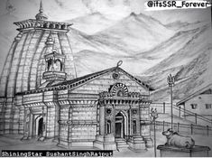 a drawing of a building with mountains in the background