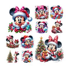 mickey and minnie mouse christmas stickers on a white background with santa's helper