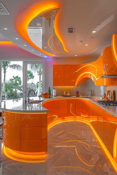 an orange kitchen with white counter tops and lights on the ceiling is lit up by colorful lighting