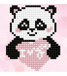 a cross stitch panda bear holding a heart