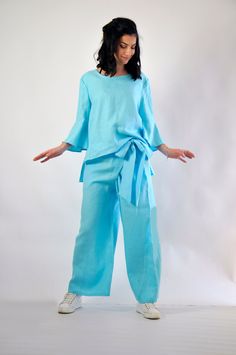 "Wide Leg Pants Set, Linen Pants Set, Loose Outfit Mint linen outfit. 100% LINEN tunic, blouse and pants. Plus size SET. The pants has two big pockets! Extravagant loose aqua top or tunic , so elegant and comfortable. Perfect solution for your everyday outfit. Extremely beautiful and extravagant clothing. Extravagant set. Quality LINEN fabric. It is an artistic and easy to mix. The cut is very convenient. I DO NOT CHARGE EXTRA MONEY for custom made items. Different sizes available XS,S,M,L,XL,XX Blue Linen Long Sleeve Sets, Summer Linen Wide Leg Sets, Summer Linen Wide-leg Pantsuit, Spring Linen Wide Leg Pantsuit, Spring Linen Long Sleeve Pant Set, Summer Wide Leg Linen Pantsuit, Spring Wide Leg Linen Pantsuit, Spring Linen Matching Set, Wide Leg Linen Pantsuit For Summer