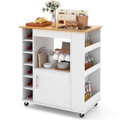 a white kitchen cart with food and drinks on it