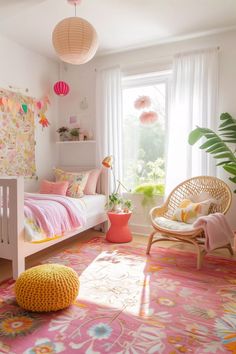 a pink and yellow bedroom with lots of plants in the window sill next to the bed