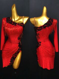 two mannequins dressed in red and black with sequins on them