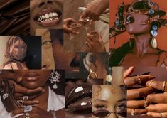 a collage of photos with different types of rings and jewelry on their hands, including woman's face