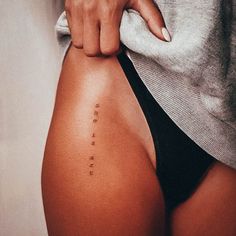 Tattoo Placement Hip, Hip Tattoo Quotes, Still I Rise Tattoo, Thigh Tattoo Quotes, Half Sleeve Tattoos Forearm, Hip Thigh Tattoos, Quote Tattoos, Petite Tattoos, Small Girl Tattoos