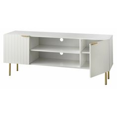 a white tv stand with two gold legs and an open door on the front side