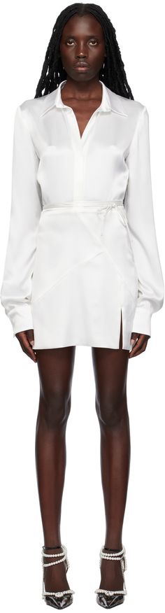 Triacetate- and polyester-blend satin shirt-style dress. · Open spread collar · Concealed press-stud closure · Detachable self-tie belt at waist · Concealed zip closure at side seam · Press-stud fastening at cuffs · Unlined Supplier color: White Shirt Dress Style, Satin Shirt, Press Studs, White Shop, Tie Belt, Style Dress, Apparel Accessories, Shirt Style, Short Dresses