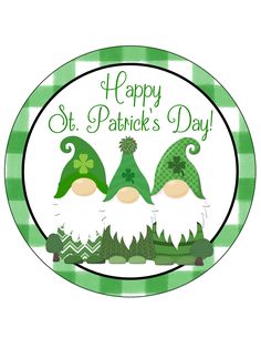 happy st patrick's day with three gnomes on green checkered paper plates