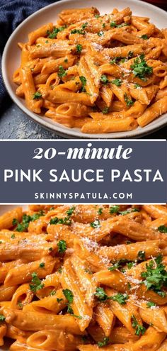 two plates of pasta with parmesan cheese and parsley on top, the same plate