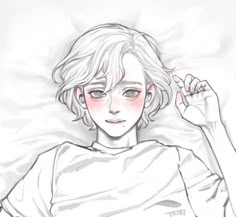 a drawing of a boy laying in bed with his hand up to his head and eyes closed