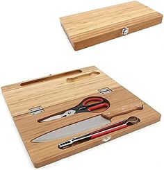 two cutting boards with scissors and knives on them