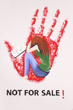 a poster with a woman sitting on the ground reading a book and holding her hand out to say not for sale