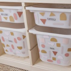 three plastic storage containers with different shapes and sizes on the bottom one is labeled playdough