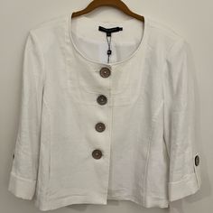 White Robert Kitchen Linen Jacket. 3/4 Sleeve. Nwt. Size 10. White Linen Outerwear For Fall, Spring Outerwear With Button Closure And 3/4 Sleeve, Elegant White Outerwear With 3/4 Sleeves, Casual White Outerwear With 3/4 Sleeves, Casual White 3/4 Sleeve Outerwear, Chic White Outerwear With 3/4 Sleeves, Elegant Outerwear With Button Closure, 3/4 Sleeve, Elegant 3/4 Sleeve Outerwear With Button Closure, White 3/4 Sleeve Outerwear For Winter