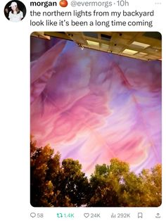 an image of the sky that is painted with pink and purple colors, as well as trees