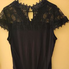 Black And Lace Inc Brand Shirt Short Sleeve Chic Black Sleeveless T-shirt, Black Lace Top Blouse With Short Sleeves, Crew Neck Lace Tops For Night Out, Black Lace Top For Workwear, Black Lace Top For Work, Fitted Lace Top For Workwear, Fitted Lace Top For Work, Elegant Black T-shirt For Night Out, Lace Top Short Sleeve For Night Out