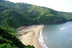 an aerial view of a beach and forested area near the ocean with waves crashing on it