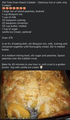 the recipe for peach cobbler is shown in an image above it's description