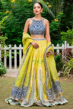 Lyra (B) – Sania Maskatiya International Dress For Sangeet Function, Dark Blue Lehenga, Western Dresses For Women, Printed Organza, Yellow Lehenga, Bridal Applique, Bride And Groom Outfit, Outfits Woman, Designer Suit