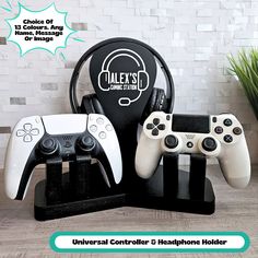 three controllers and headphones holder for each other