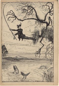 a drawing of a man on a tree branch flying through the air with a fish in front of him