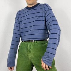 Vintage Thomas Burberry sweater in blue with all-over striped pattern. Chunky knit crewneck jumper, made from 100% cotton. Featuring embroidered chest logo - in great condition. Labelled size medium or suits smaller oversized, measurements below Length: 28 inches Pit to pit: 24 inches £3 UK P&P 💌 Model is 5'9 and a men's medium Please get in touch for more measurements All items are second-hand so please expect small signs of wear - any major flaws will be noted Striped Chunky Knit Crew Neck Sweater, Retro Blue Crew Neck Sweater, Oversized Blue Vintage Sweater, Blue And White Striped Jumper, Vintage Blue Knit Sweater, Burberry Sweater, Preppy Sweater, Mens Jumpers, Pullover Outfit