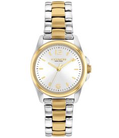 From COACH, the Women's Greyson Two Tone Bracelet Watch features: Gold-tone and stainless steel case and braceletDeployment closureMineral crystalQuartz movementFinished with a Coach Signature date window and marker at 3 o'clockMix of numerical and stick markersCase diameter approx. 28mmWater-resistant up to 99 feetImported. Gold And Silver Watches Women, Two Tone Watches Women, Coach Watches Women, Two Toned Watch, Accessories Watches Women, Two Tone Jewelry, Two Tone Bracelet, Gold And Silver Watch, Coach Watch