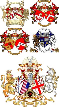 four coats of arms with lions, lions and shield emblems in the middle one is red