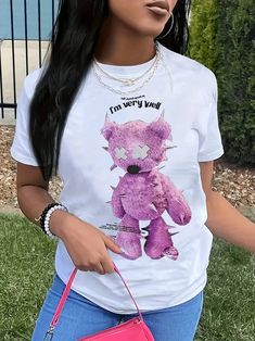 Bear Cartoon Print Crew Neck T-Shirt, Casual Short Sleeve T-Shirt For Casual Crew Neck T-shirt With Cartoon Print, Trendy Relaxed Fit T-shirt With Cartoon Print, Trendy Graphic Print Crew Neck T-shirt, Trendy Graphic Print T-shirt With Crew Neck, Trendy Crew Neck T-shirt With Graphic Print, Comfortable Fit Crew Neck T-shirt For Summer, Trendy Crew Neck Top With Graphic Printing, Trendy Sublimation Print Crew Neck Tops, Trendy Cartoon Print Crew Neck Top