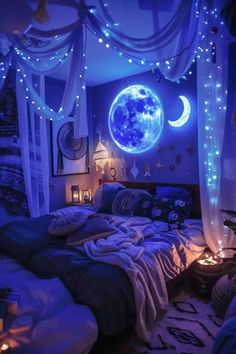 a bedroom with blue lights on the ceiling and curtains