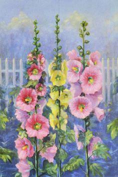 painting of pink and yellow flowers in front of a white fence