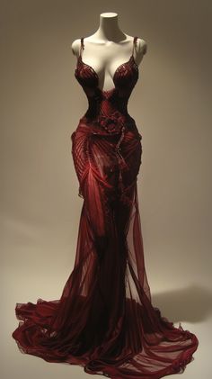 Clothing On Mannequins, Super Long Dress, Red Big Dress, Blood Red Prom Dress, Dress Ideas For Prom, Goth Red Dress, Ribcage Dress, Pretty Dresses Black, Big Red Dress