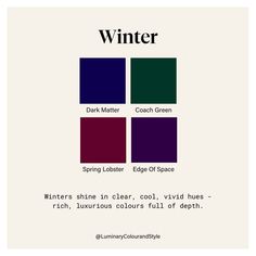 Colour Analysis | Style Personality Analysis | Personal Styling | Don't think I forgot about you beautiful Winter ladies ❄️ This is the ninth post in this series, and it's time to take a closer look at... | Instagram Winter Pallette, Winter Pallet, Sultry Winter, Rectangle Body Shape Outfits, Deep Autumn Color Palette, Color Seasons