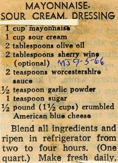 an old recipe for mayonnaise sour cream dressing