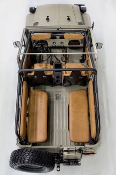 an overhead view of the back of a vehicle with four seats and two rear wheels